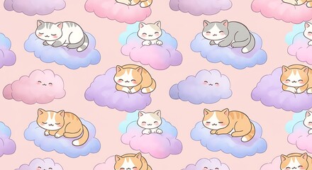 Fototapeta premium Adorable Sleeping Kittens on Fluffy Clouds Seamless Pattern