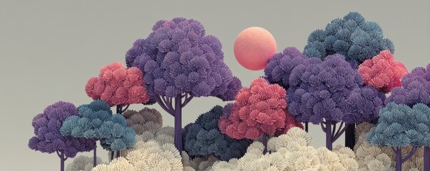 Colorful abstract forest with minimalist trees and vibrant pastel hues at sunset