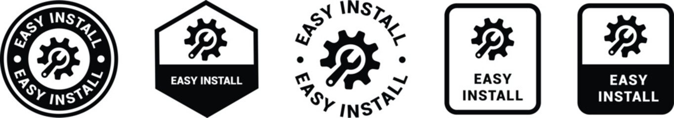 Easy installation with hand and spanner icon set. Install, upgrade, fix, repair service icons. Free installation logo, label, badge, symbol, emblem, stamp, black, line, vector isolated illustration.	