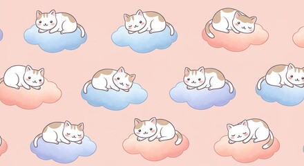 Adorable Kittens Resting on Clouds Seamless Pattern Illustration