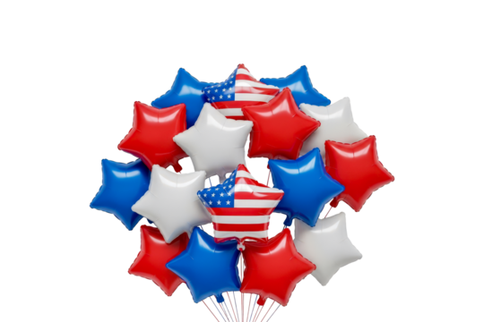 Glossy red white and blue star balloons cluster png isolated on transparent background, premium style for independence day design