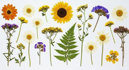 Assorted pressed flowers and fern leaf arranged on a white background in a flat lay style