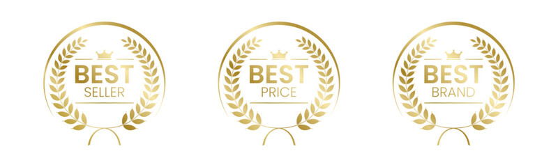 Best Seller, Best Price, Best Brand Set Vector Illustration. In A Realistic Gold with Laurel Wreath. Isolated on white