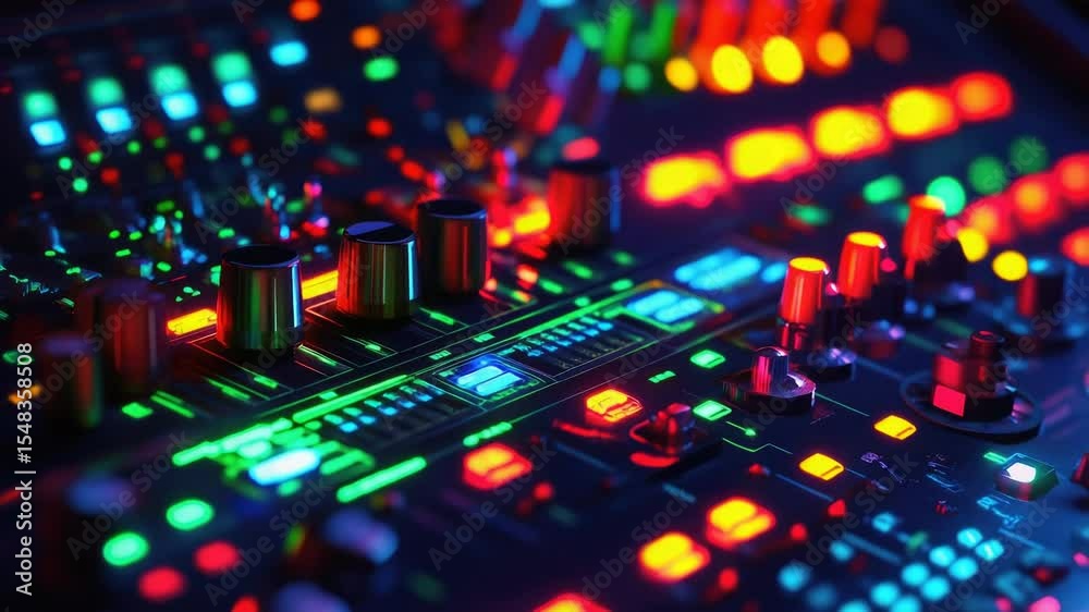 Aufkleber close-up view of a sound board with vibrant lights and buttons
