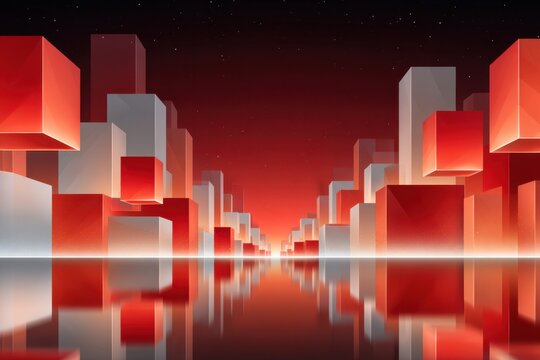 Futuristic red and white cube pattern landscape with reflective symmetry