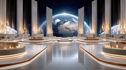 Futuristic event space with glowing lights and Earth backdrop
