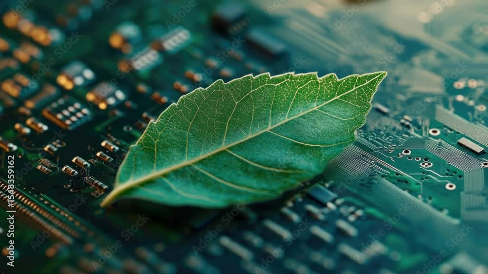 Poster A single green leaf lying on top of a computer motherboard, suggesting a connection between nature and technology