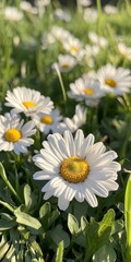 Fototapeta premium Bright White Daisies with Yellow Centers in a Lush Green Field