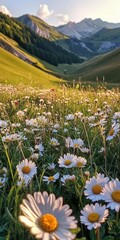 Fototapeta premium Expansive Meadow with White Daisies and Majestic Mountain Background