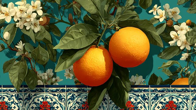 Oranges, blossoms, and decorative tiles create a bright, vibrant image that brings the freshness and warmth of an orchard to life.