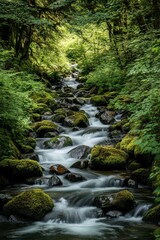 Tranquil Stream Flowing Through Lush Green Forest Landscape