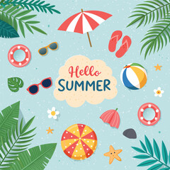 Colorful Summer Vacation Icons Featuring Beach Elements and Travel Essentials