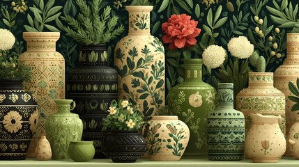 Diverse collection of decorative vases arranged against a botanical backdrop, showcasing various shapes, colors, and floral motifs.