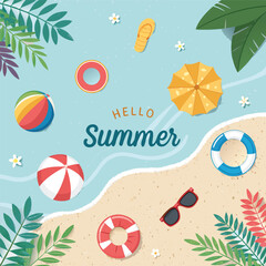 Colorful Summer Vacation Icons Featuring Beach Elements and Travel Essentials