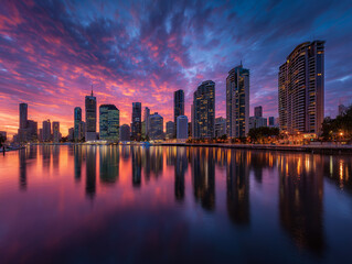Modern City Skyline Reflected in Water at Vibrant Sunset – Urban Architecture and Travel Concept for Cityscape, Skyscrapers, and Twilight Reflections