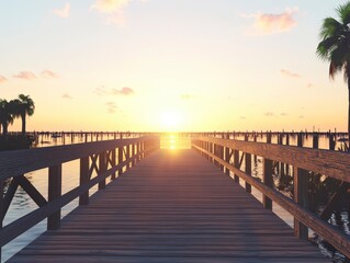 Obraz premium Serene Sunset Over Wooden Pier with Calm Water and Palms