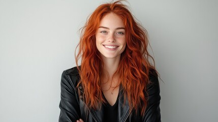 Fototapeta premium This engaging portrait features a stylish redhead woman in a black leather jacket, smiling confidently against a minimalistic grey background, encapsulating modern fashion and charm.
