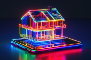 Neon house design on smartphone screen with dark background and vibrant colors