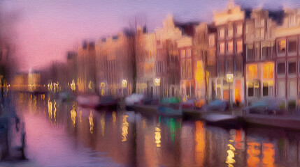 Naklejka premium Historic buildings mirrored in a twilight canal, a dreamy watercolor cityscape evoking timeless serenity.