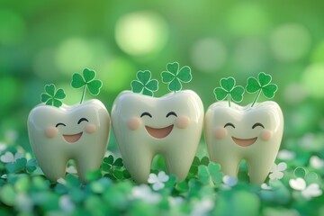 Obraz premium Three smiling teeth with shamrocks on a green background celebrating st patrick