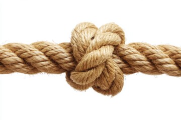 Close up of a knotted brown rope against a plain white background studio shot