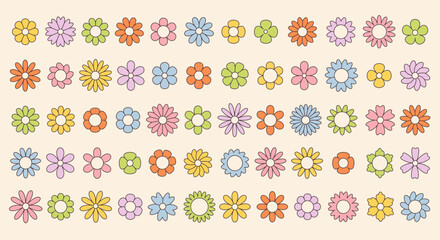 Set of groovy simple flowers. Abstract colorful flowers. Floral geometric design. Vector illustration in flat style