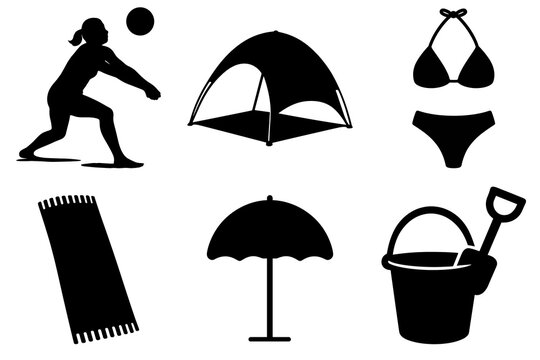 Summer beach activities set with silhouette icons of play and relaxation  