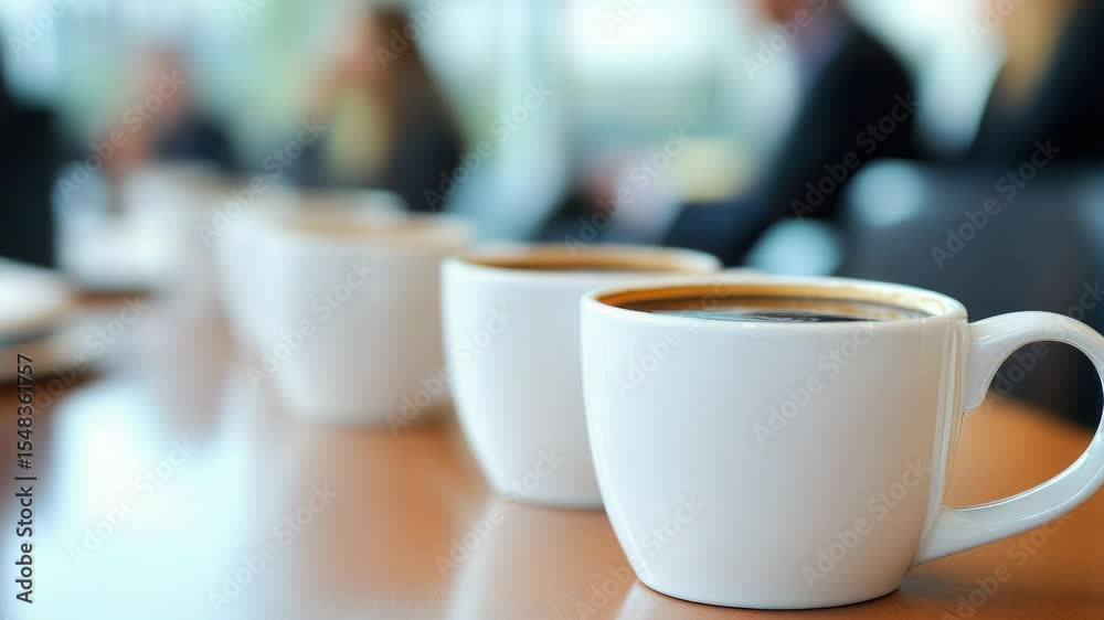 Poster Three cups of coffee arranged neatly on a table, ready for use