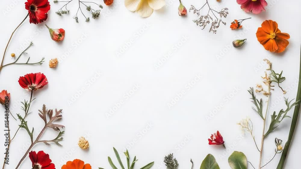 Poster A bouquet of various flowers arranged in a circular pattern on a white background