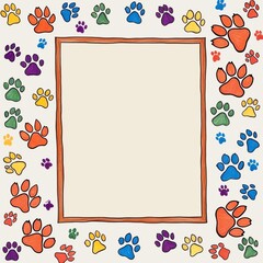 playful multicolor paw print border frame with vibrant hand-drawn animal tracks in red, blue, yellow, green, and purple surrounding cream center  for cheerful and kid-friendly design