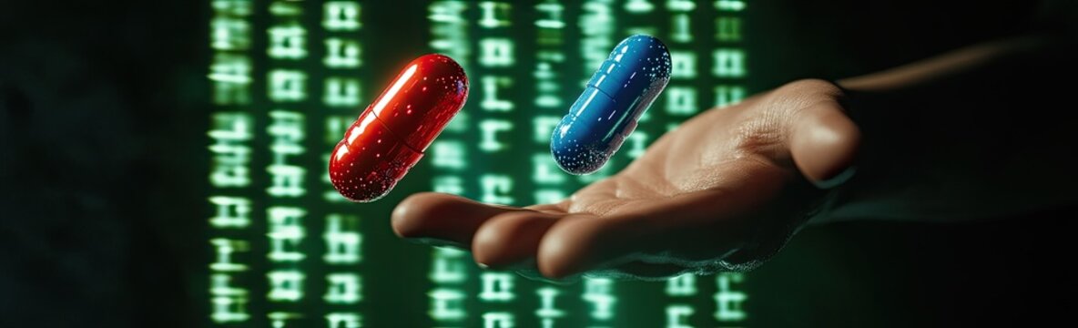 Two pills held in a hand against a backdrop of binary code
