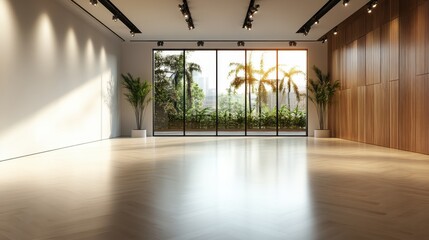 Fototapeta premium A spacious modern interior room featuring large windows, ample natural light, and beautifully arranged greenery, ideal for wellness and productivity.
