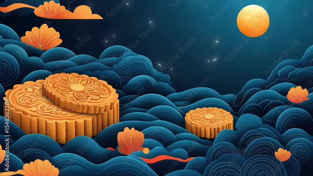 Poster a traditional mooncake surrounded by a vast expanse of clouds, ideal for use in travel or food-relat
