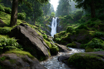 Fototapeta premium Serene Waterfall Cascading Mossy Rocks Lush Green Forest 2