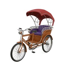 Fototapeta premium Antique Tricycle with Red Canopy and Purple Seat on White Backdrop