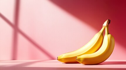 Two ripe yellow bananas rest gracefully on a bright pink background, showcasing their natural beauty through vivid colors and soft shadows, perfect for fruit lovers.