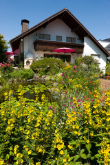 bunter Blumengarten mit Gartenteich