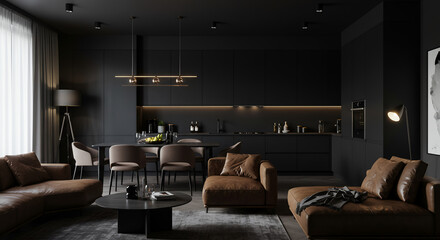 Minimalist interior of the living room kitchen. Interior of elegant kitchen and dining area. 3d illustration with black interior and brown sofas