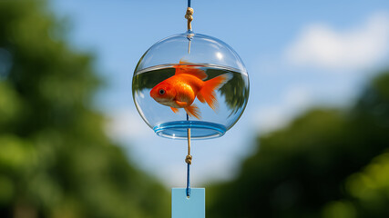 A glass wind chime with a goldfish swimming inside, blending Japanese tradition and fantasy in creative art
