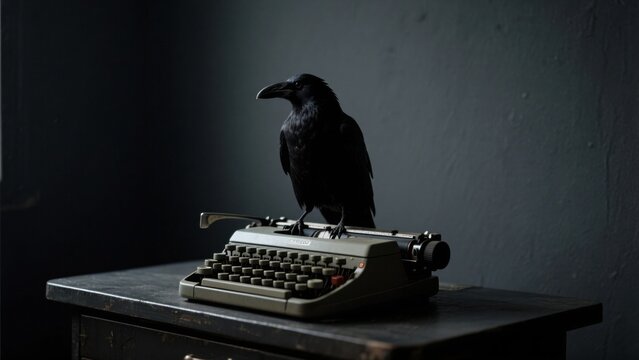 A black crow perched on an old olivetti typewriter, in a dark room with old textured walls, concept idea for a novel, surreal atmosphere, moody lighting, vintage style .