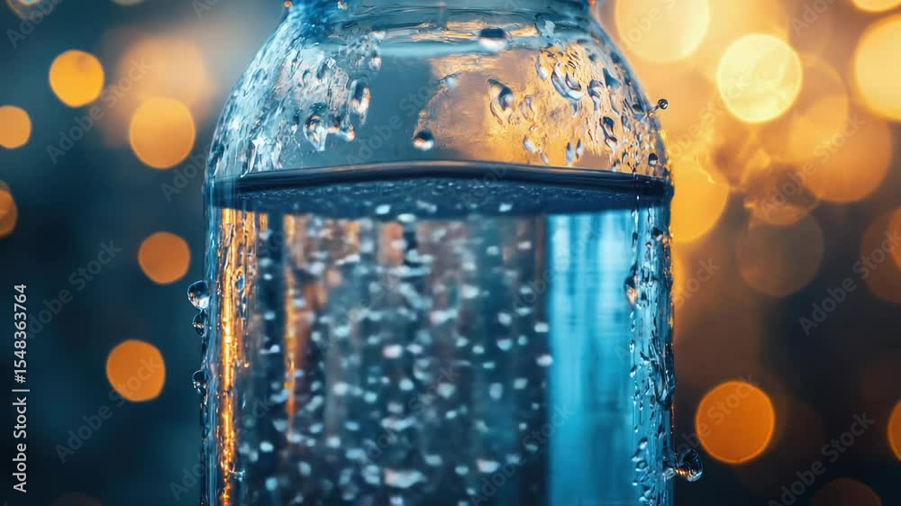 Poster a close-up shot of a bottle of water with label and cap, suitable for use in commercial or personal 