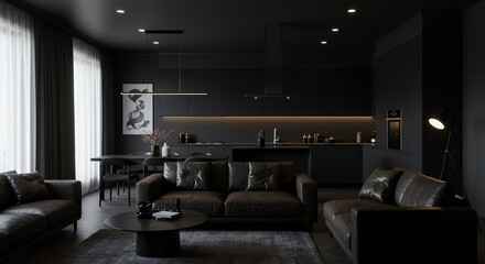 Minimalist interior of the living room kitchen. Interior of elegant kitchen and dining area. 3d illustration with black interior and brown sofas