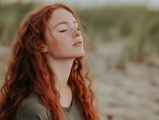Thoughtful woman with flowing red hair enjoying nature at the beach