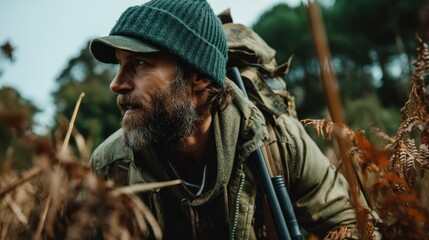 Obraz premium A rugged man with a beard and a cap crouches in nature, preparing for a hunt, encapsulating the essence of adventure and connection to the wilderness.