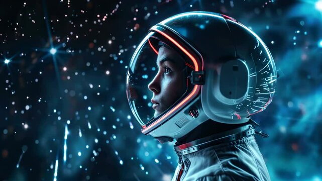 Young woman wearing spacesuit on stars background, portrait of astronaut in helmet in space. Concept of people, movie, girl, future