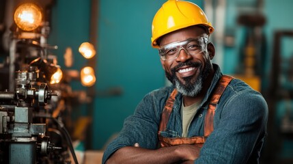 This image features a smiling construction worker in a hard hat and safety goggles, exuding confidence and professionalism in an industrial workspace.