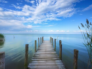 Obraz premium Serene Wooden Pier Extending into Tranquil Blue Lake under Sky