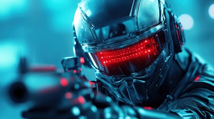 A futuristic cybernetic warrior, clad in advanced armor and gear, points a sleek weapon forward, depicting a powerful stance amid a digital and technological backdrop.