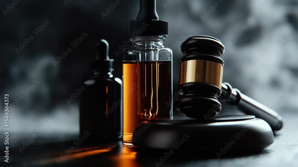 Poster A close-up shot of a judge's gavel and a bottle of liquid on a table