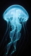 A mesmerizing jellyfish gracefully dances in the deep ocean, its ethereal blue glow illuminating the dark waters, showcasing the beauty and mystery of marine life .